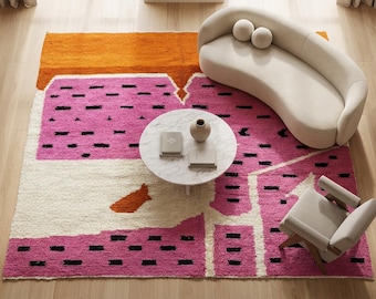 Marokkanischer Teppich, handgeknüpft aus rosa Wolle – Lebendiger Berberteppich – Farbenfroher geometrischer Teppich