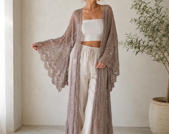 Cardigan kimono lungo in pizzo ricamato – cardigan boho trasparente – abito da spiaggia – maniche ampie – cintura removibile – taglia unica