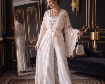Kimono Donna Super Lungo Ricamato, Cardigan Boho in Pizzo con Cintura, Coprispalle Matrimonio Cerimonia, Maniche Ispirazione Giapponese