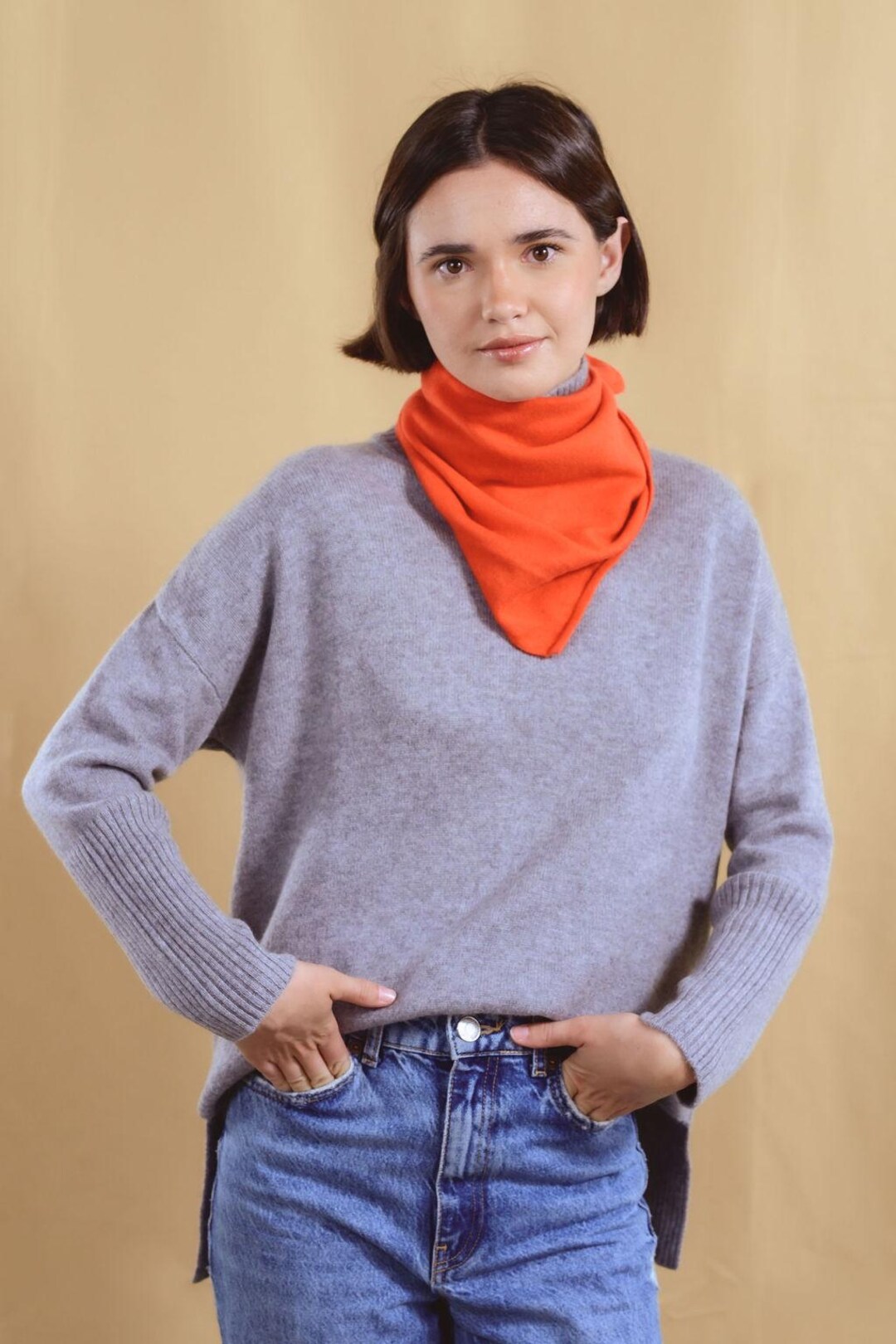 100% Cashmere Bandana Scarf - Orange- Hand-knitted, Elegant, and Cozy ...