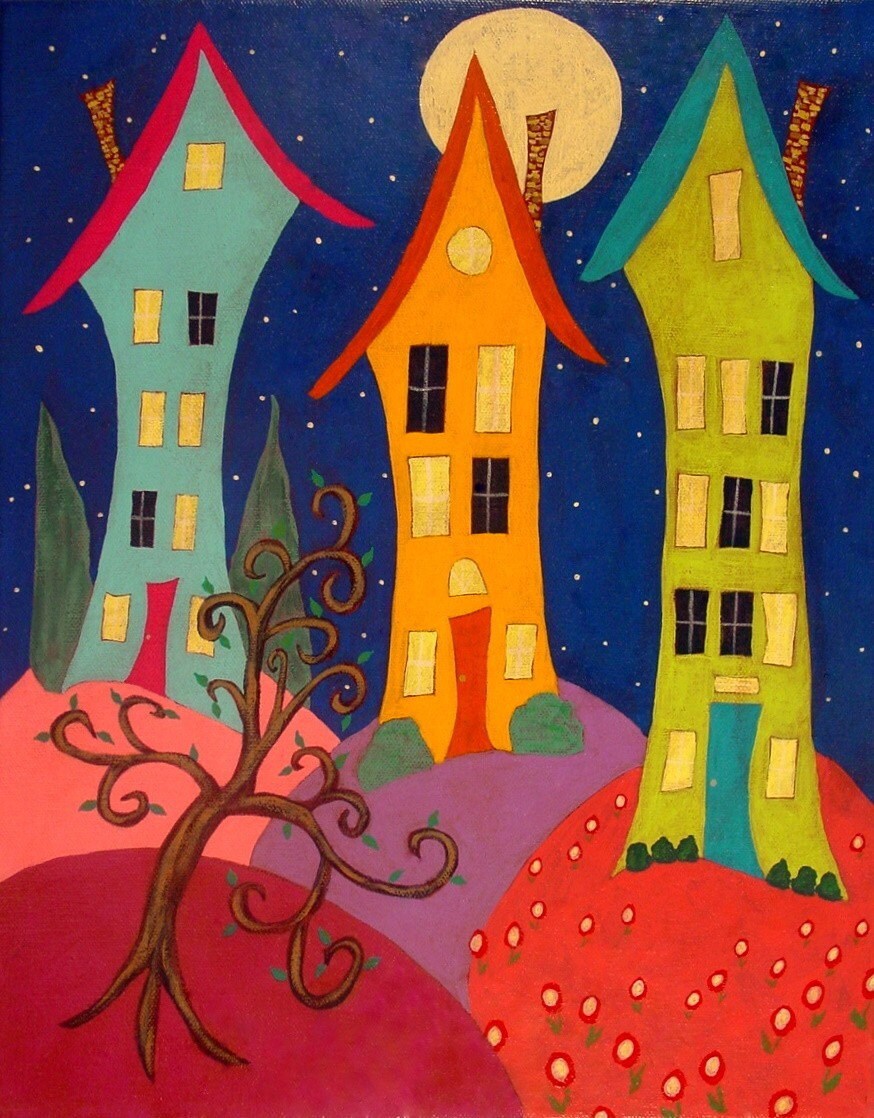 Modern Folk Art Landscape Houses Original Painting J Blake Etsy