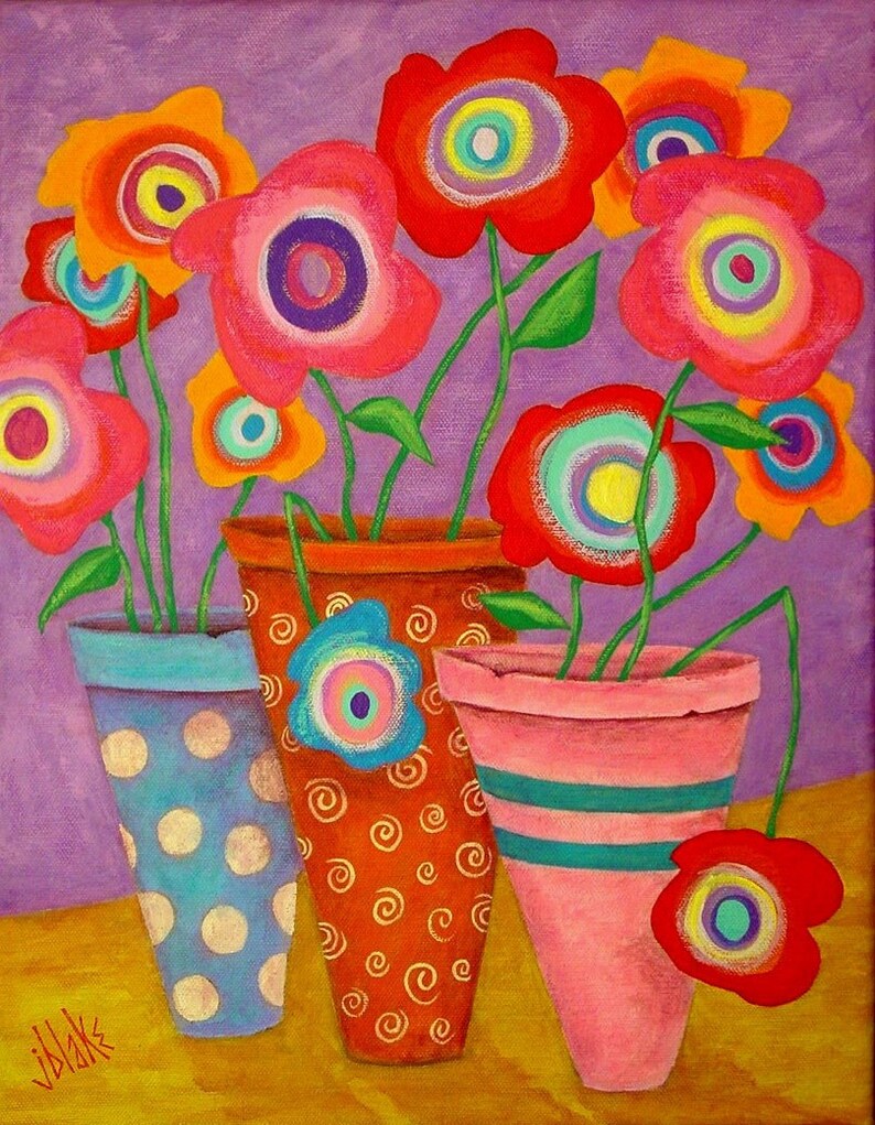 Modern Folk Art FLOWERS in Pots Original Painting J BLAKE Etsy