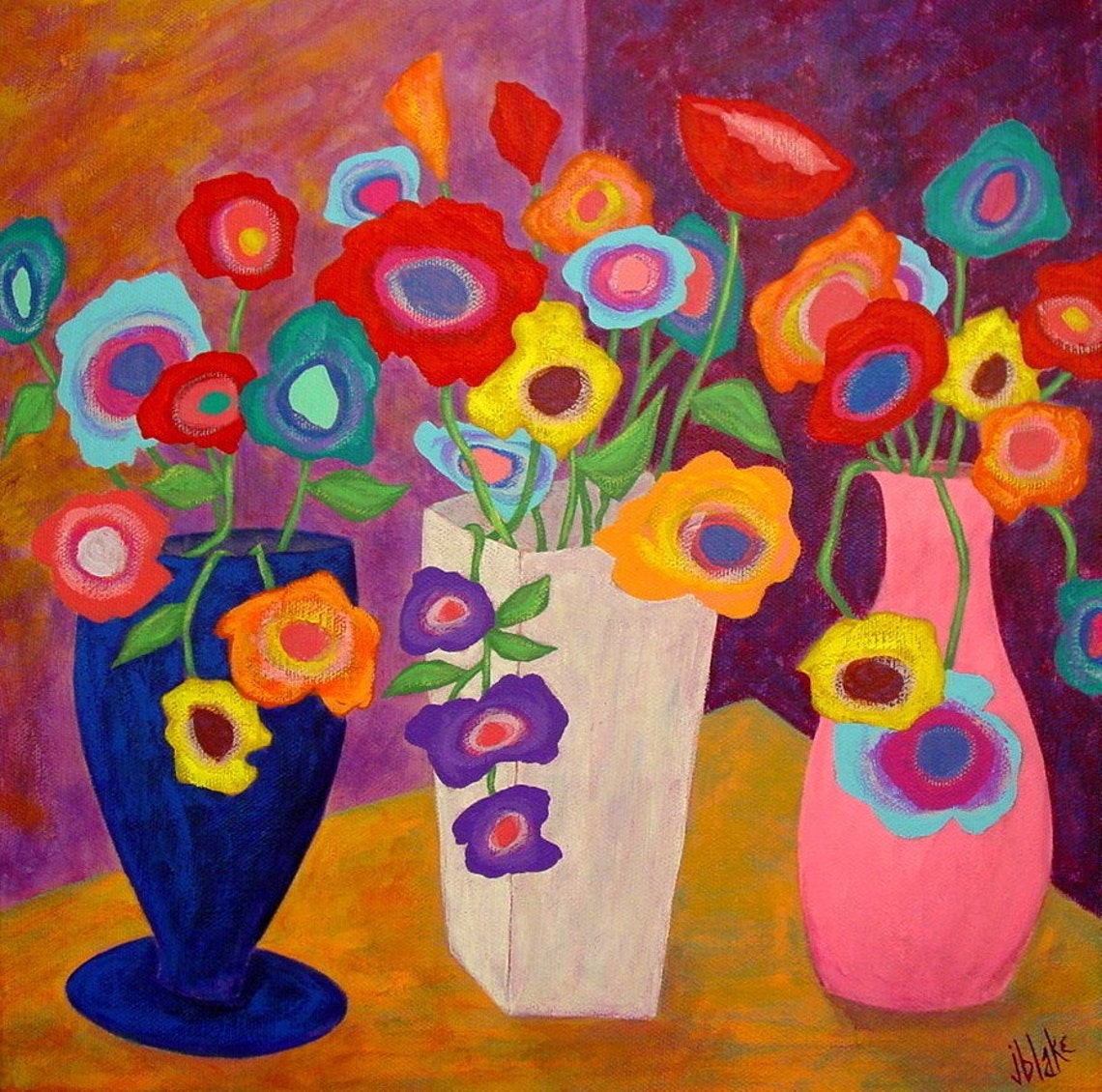 Modern Folk Art FLOWERS in Vases Original Painting J BLAKE | Etsy