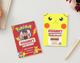 Convites de aniversário tipo puxão x2! Festa Pika - Modelo Canva Totalmente Personalizável