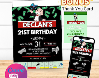 Modelo de convite de aniversário Monopoly: design personalizável do Canva (download digital)