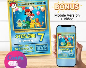 Modelo de convite de aniversário com tema Poke personalizado e pronto para impressionar Inclui versão digital para celular e convite em vídeo animado