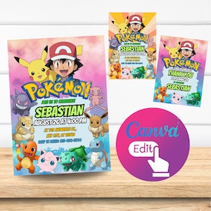 Invitation Pokémon | Invitation fête d'anniversaire Pokémon | Invitation carte Pokémon numérique avec carte de remerciement bonus
