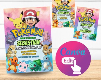 Convite Pokémon | Convite para festa de aniversário Pokémon | Convite digital para cartão Pokémon incluindo cartão de agradecimento bônus