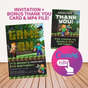 May include: A Minecraft-themed birthday invitation with a green and brown background. The invitation says "Game On" in large yellow letters. It's Brian's 5th birthday party and the invitation includes the date, time, and location. The invitation also includes a thank you card with the text "Minecraft Thank You!" and a picture of a Minecraft character.