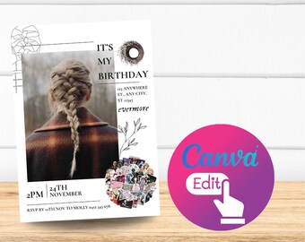 Convites de aniversário populares da era do estilo Swifty - Download instantâneo e totalmente personalizáveis no Canva - Popular!