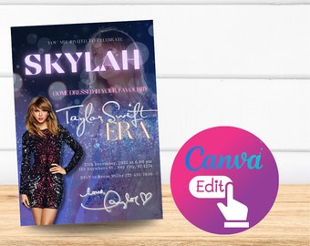 Convites de aniversário populares da era do estilo Swifty - Download instantâneo e totalmente personalizáveis no Canva - Popular!