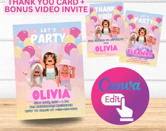 Convites de aniversário de garota gamer - download instantâneo e personalização do Canva! Popular! Roblox