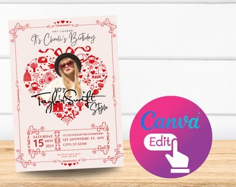 Convite de aniversário Swifty: modelo personalizável do Canva (download digital)