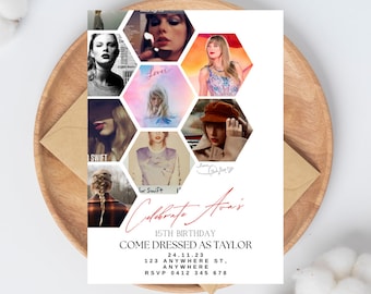 Convites de aniversário da era do estilo Swifty - Download instantâneo e totalmente personalizáveis no Canva - Popular!