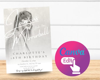 Convites de aniversário populares da era do estilo Swifty - Download instantâneo e totalmente personalizáveis no Canva - Popular!