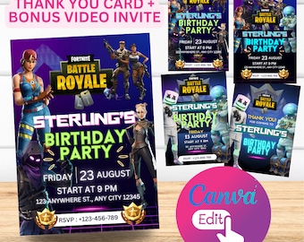 Convites de aniversário do Fort Gamer - download instantâneo e personalização do Canva! Popular! Forte!