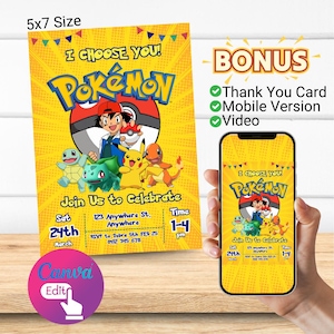 Invitation Pokémon | faire-part modifiable | Invitation d'anniversaire pour enfants | Téléchargement numérique | Fête Pokémon | Invitation d'anniversaire de garçon de carte de Pikachu