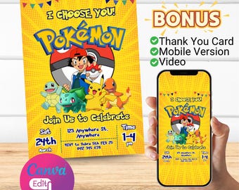 Convite Pokémon | Convite editável | Convite de aniversário infantil | Download digital | Festa Pokémon | Convite de aniversário de menino com cartão Pikachu