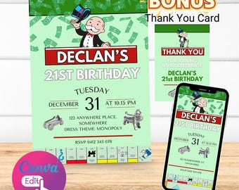 Modelo de convite de aniversário Monopoly: design personalizável do Canva (download instantâneo)