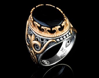 Royal Collection Black Aqeeq Ring, Traditional Handmade Silver Jewelry With Gemstone Ramadan Gift