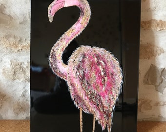 Flamant rose - peinture sur planche en bois avec résine acrylique et époxy 50× 70 cm