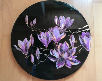 Magnolias - peinture sur planche de bois avec résine acrylique et époxy d=50 cm.