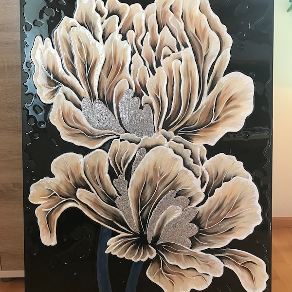 Peinture acrylique de pivoines, cadeau fait à la main, décoration d'intérieur pour salon, décoration murale, Texture abstraite, 70 × 100 cm