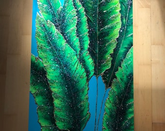 Strelitzia tropicale - dipinto su tavola di legno con resina acrilica ed epossidica 50× 100 cm