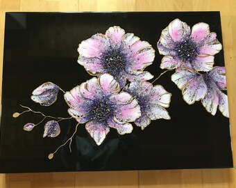 Orchidée - peinture sur planche de bois avec résine acrylique et époxy 50×70 cm