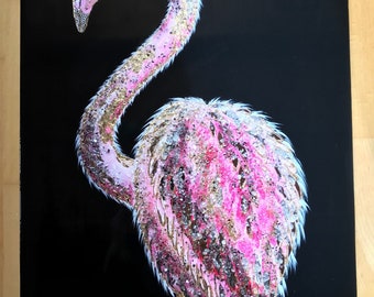 Flamant rose - peinture sur planche en bois avec résine acrylique et époxy 50×70 cm