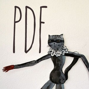 May include: A black and white paper puppet of a cat wearing a white ruff and a black mask. The word "PDF" is written in black above the puppet.