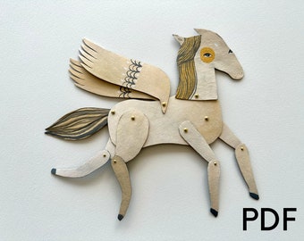 PDF Creme Winged Grey and Gold Horse Articulated Decoration  / Updated V2