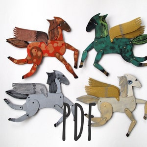 May include: Four papercraft winged horses in various colors, including orange, green, gray, and white. The horses are posed in mid-air with their wings spread out. The word "PDF" is written in black letters on the bottom of the image.