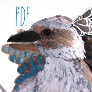 May include: A paper craft bird with a grey, brown, and white body, blue and brown wings, and a black beak. The bird has a blue and brown butterfly on its head. The bird is made of paper and has been painted with watercolours.