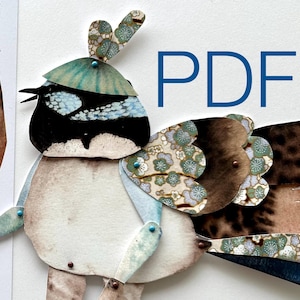 May include: A paper craft bird with blue, green, and brown patterned wings. The bird is made of paper and has a blue head with a green hat. The word "PDF" is written in blue letters on a white background.