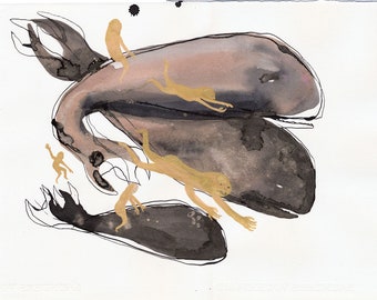 Whale Riders / watercolour gouache original