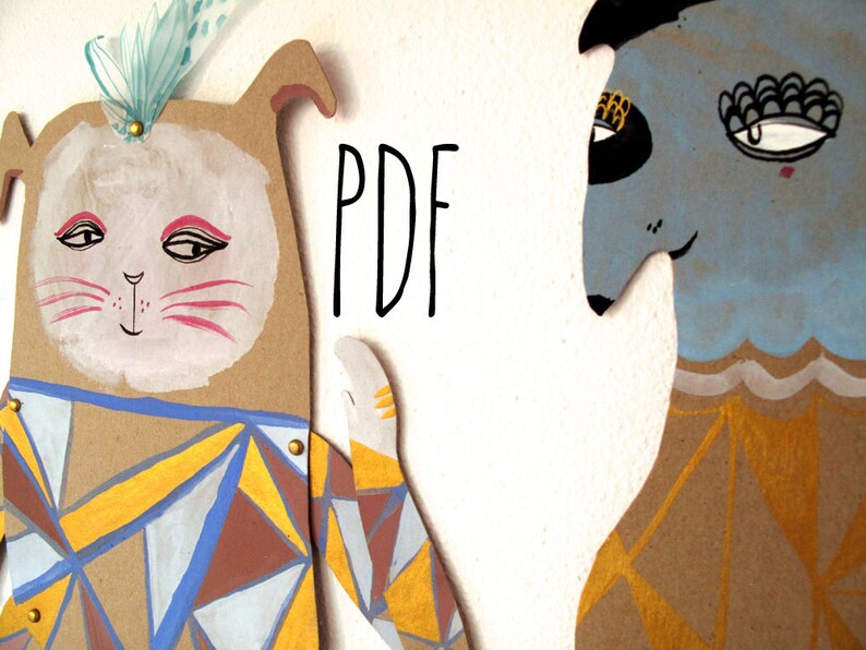 PDF Geometric Rabbit & Blue Dog Articulated Paper Dolls / Hinged Beasts Series image 1