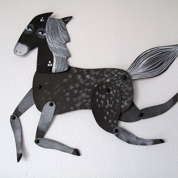 Shadow / Dark Grey, White and Aqua Horse Articulated Decoration  / Hinged Beasts Series