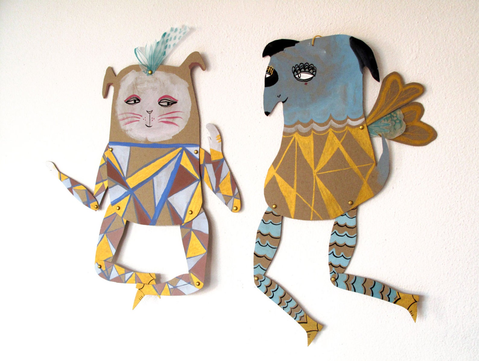 PDF Geometric Rabbit & Blue Dog Articulated Paper Dolls / Hinged Beasts ...
