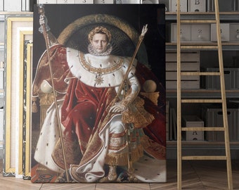 May include: A painting of a man in a white and red robe, sitting on a throne with a crown on his head. He is holding a scepter in his right hand and a globe in his left hand.