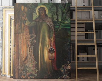 May include: A painting of a man in a long robe holding a lantern. He is standing in a forest with trees and bushes behind him. The man has a crown of thorns on his head and is looking to the left. The painting is done in a dark, moody style.