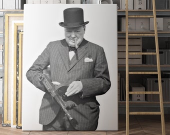 Winston Churchill Tommy ametralladora/lienzo pared arte impresión/carteles icónicos impresiones pinturas fotos decoración del hogar