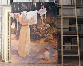 May include: A painting of a woman in a long white dress hanging clothes on a line. A young child sits on the ground in the foreground.