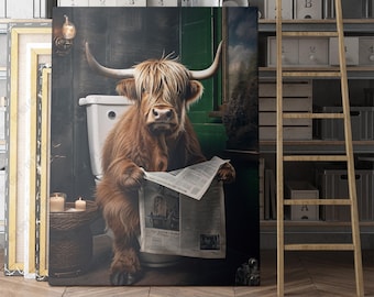 Highland Cow On The Toilet Reading The Newspaper | Canvas Wall Art | Iconic Posters Prints Paintings Photos Home Decor