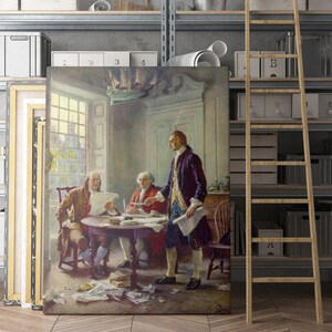 May include: A painting depicting three men in a room, likely a historical scene. The men are seated at a table with papers and a quill pen. One man stands, looking at the others. The room is decorated with a ship model hanging from the ceiling.