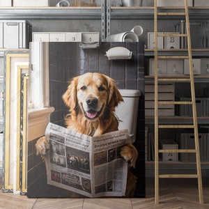Golden Retriever Reading The Newspaper On The Toilet | Canvas Wall Art | Iconic Posters Prints Paintings Photos Home Decor