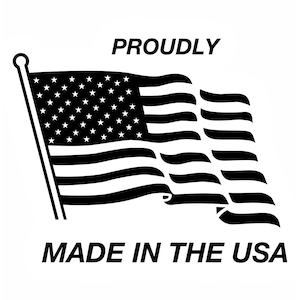 May include: Black and white illustration of a waving American flag with the text "Proudly Made in the USA".