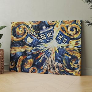 May include: A blue and yellow abstract painting of a TARDIS, a time machine from the British science fiction television series Doctor Who, in the style of Vincent van Gogh's Starry Night.