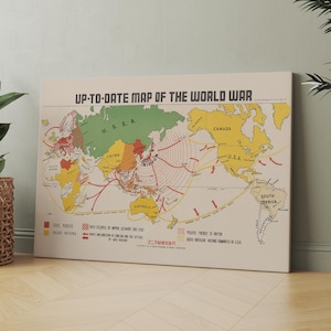 May include: A vintage World War II map showing the alliances and territories controlled by the Axis and Allied powers. The map is illustrated with red and yellow arrows showing the direction of attacks and supply routes. The map is titled "Up-to-Date Map of the World War."