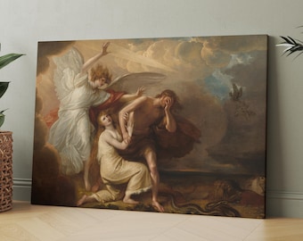 May include: A painting depicting a scene from the Bible, with an angel guiding a woman and a man away from a snake. The woman is dressed in a white robe, the man is nude, and the angel has wings and a halo. The painting is set against a cloudy sky.